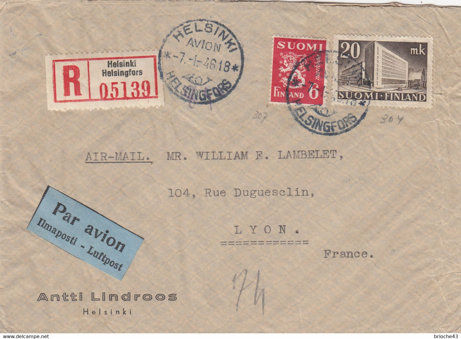 LETTRE FINLANDE COVER FINLAND 7.1.46. REC PAR AVION. HELSINKI  TO LYON FRANCE  /1 - Storia Postale