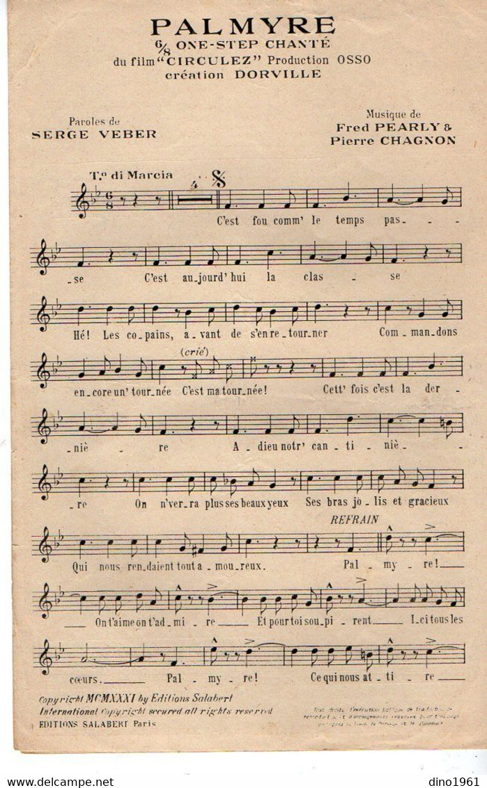 VP19.199 - PARIS - Ancienne Partition Musicale - ¨ PALMYRE ¨ Création DORVILLE - Circulez ! Un Film Adolphe OSSO .... - Noten & Partituren