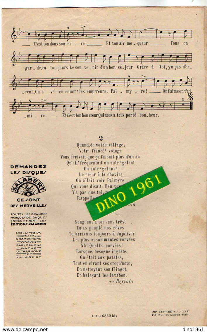 VP19.199 - PARIS - Ancienne Partition Musicale - ¨ PALMYRE ¨ Création DORVILLE - Circulez ! Un Film Adolphe OSSO .... - Partituren