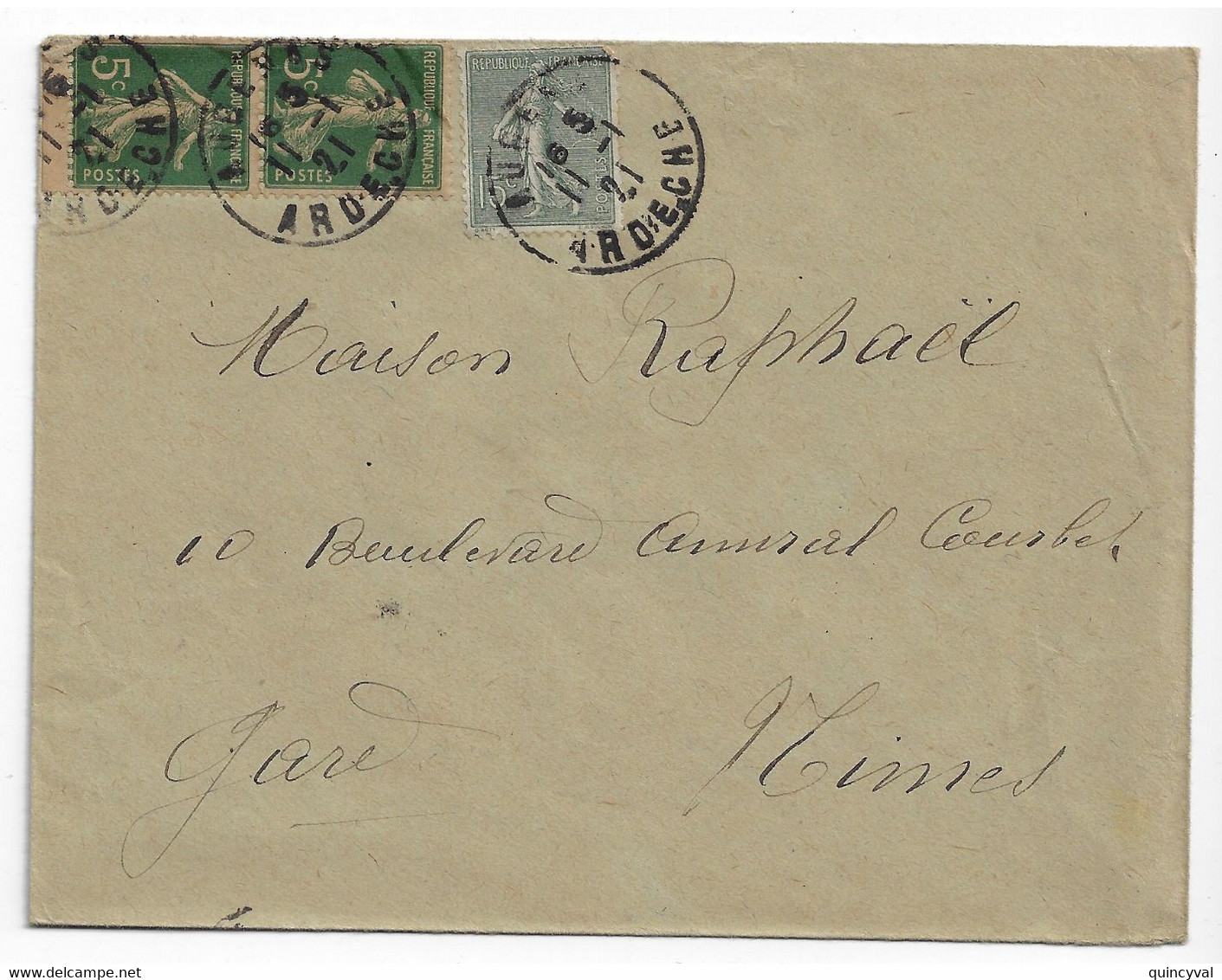 AUBENAS Ardèche Lettre Semeuse 15c Lignée Yv 130  5c Vert Paire Verticale De Carnet GC Bord Inf Yv 137k Ob 11 1 1921 - Brieven En Documenten