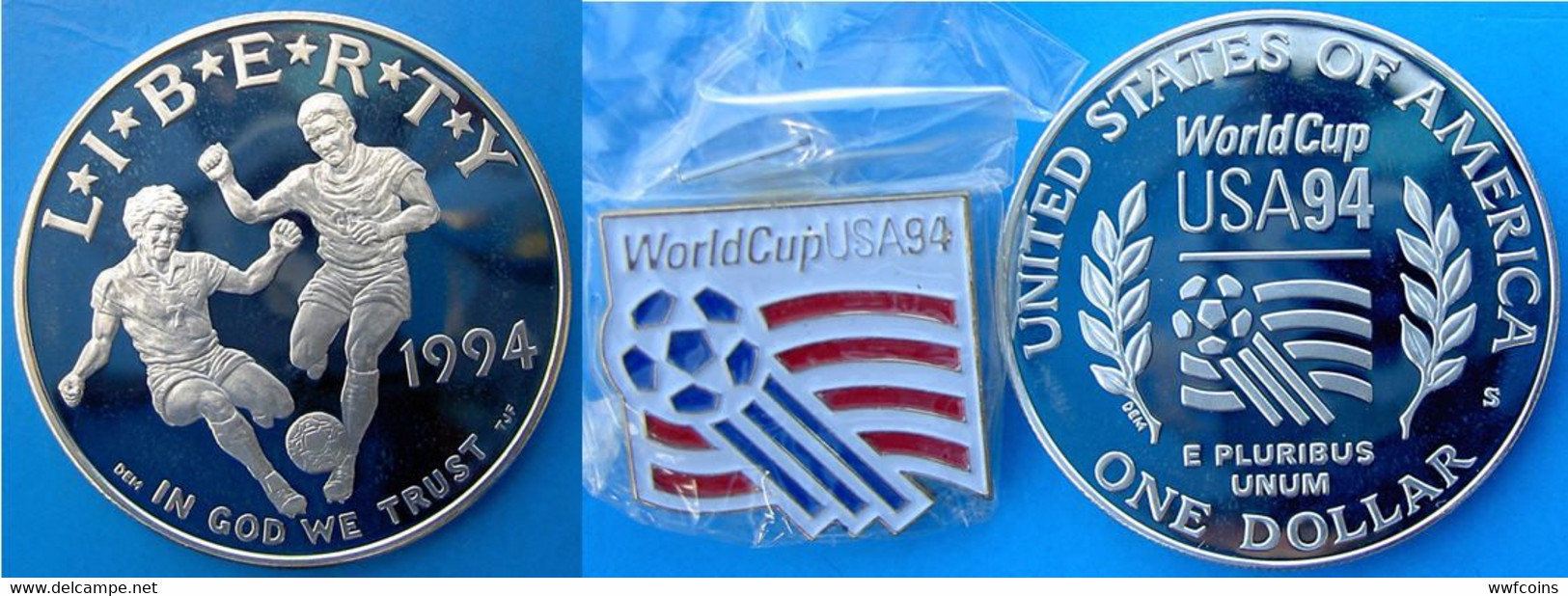 USA 1 $ 1994 ARGENTO PROOF SILVER WORLD CUP 94 FOOTBALL PESO 26,73 TITOLO 0,900 CONSERVAZIONE FONDO SPECCHIO UNC.WITH OR - Collections