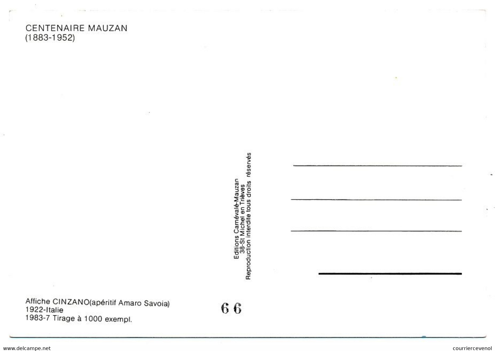 CPM - Illustrateur MAUZAN - Réédition "Affiche CINZANO" (1922) Pour Le Centenaire De Naissance De Mauzan - Mauzan, L.A.