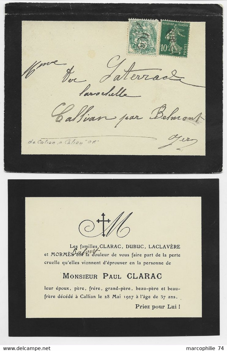 FRANCE BLANC 5C +10C SEMEUSE VERT ANNUALTION OR LETTRE DEUIL CALLIAN POUR LE GERS 1927 RARE - 1900-29 Blanc