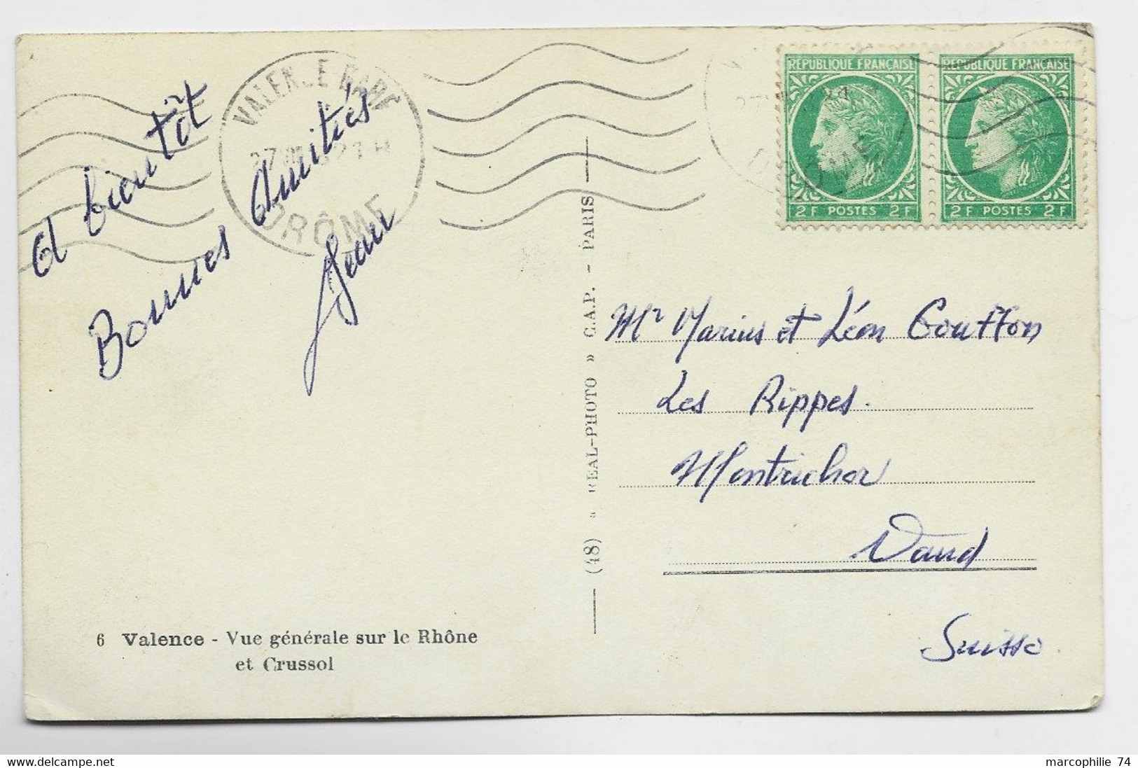 FRANCE MAZELIN 2FR PAIRE CARTE 5 MOTS VALENCE GARE 1948 POUR SUISSE AU TARIF - 1945-47 Ceres Of Mazelin