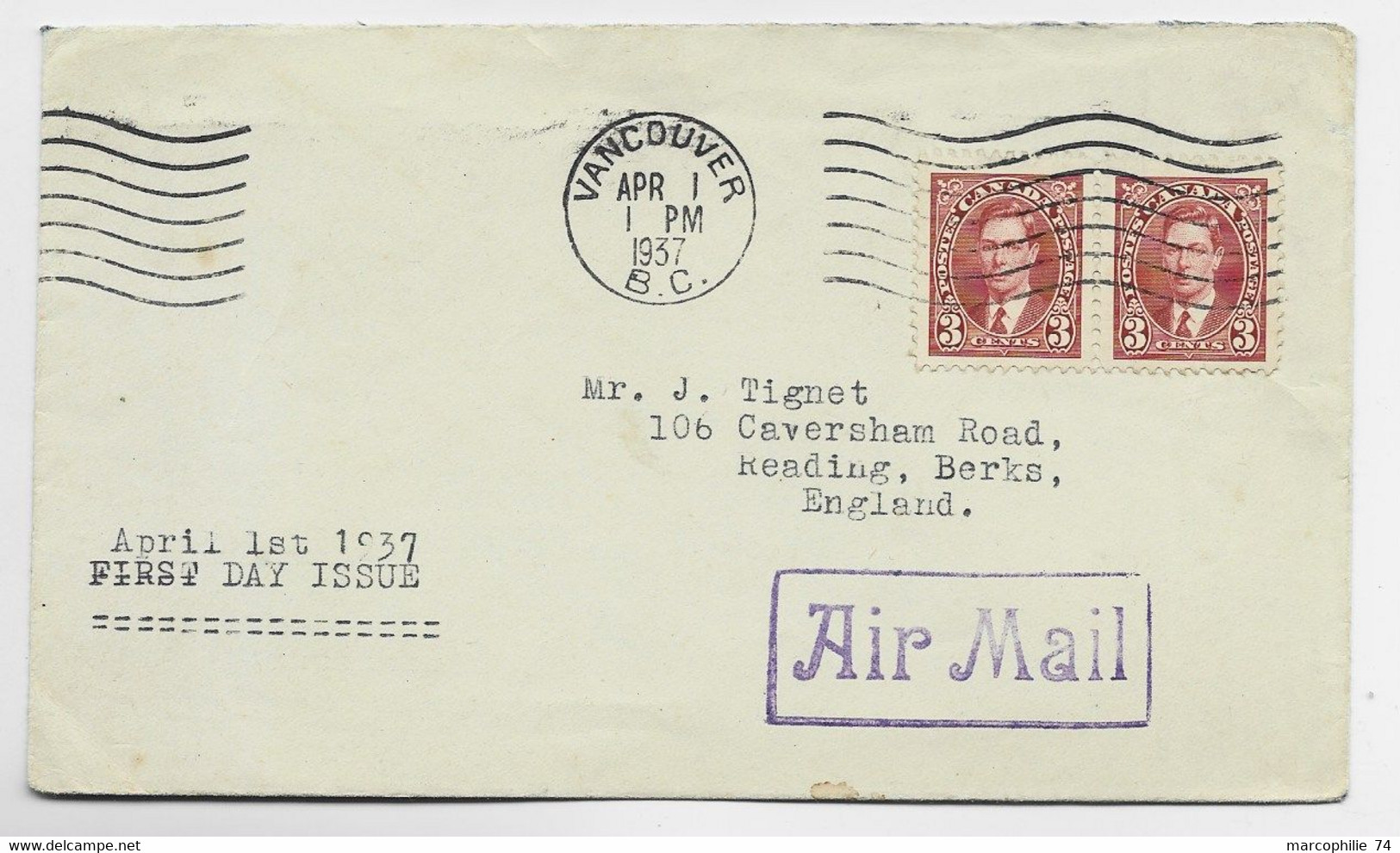 CANADA 3C PAIRE LETTRE COVER FDC VANCOUVER APR 1 1937 BC AIR MAIL TO ENGLAND - Cartas & Documentos