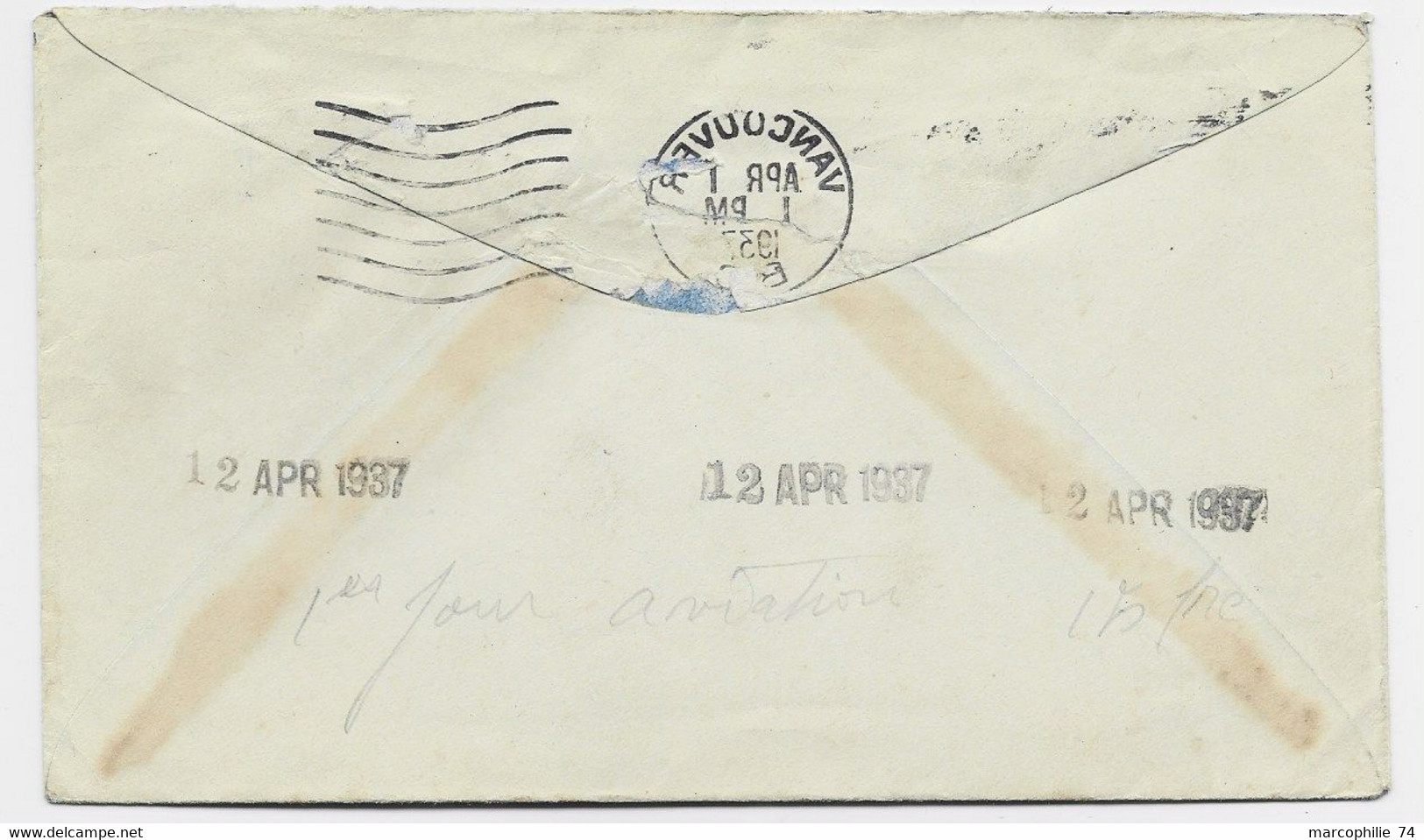 CANADA 3C PAIRE LETTRE COVER FDC VANCOUVER APR 1 1937 BC AIR MAIL TO ENGLAND - Briefe U. Dokumente