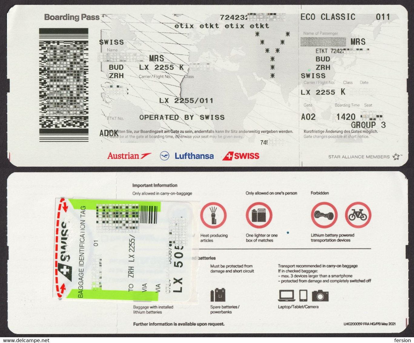 STAR Alliance 2022 SWISS Lufthansa Austrian Airlines AIRPLANE Boarding Pass HUNGARY SWITZERLAND Budapest Zürich - Tarjetas De Embarque