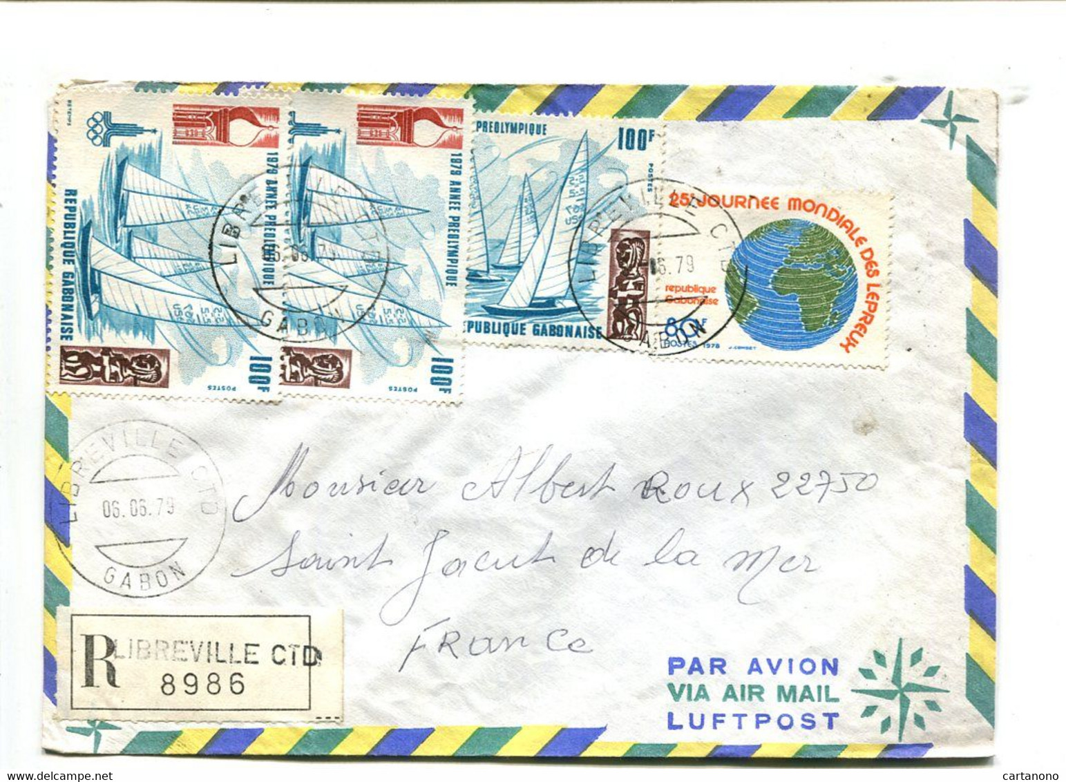 GABON 1979 - Affranchissement Multiple Sur Lettre Recommandée Par Avion - Jeux Olympiques Voile / Lèpre - Gabon (1960-...)