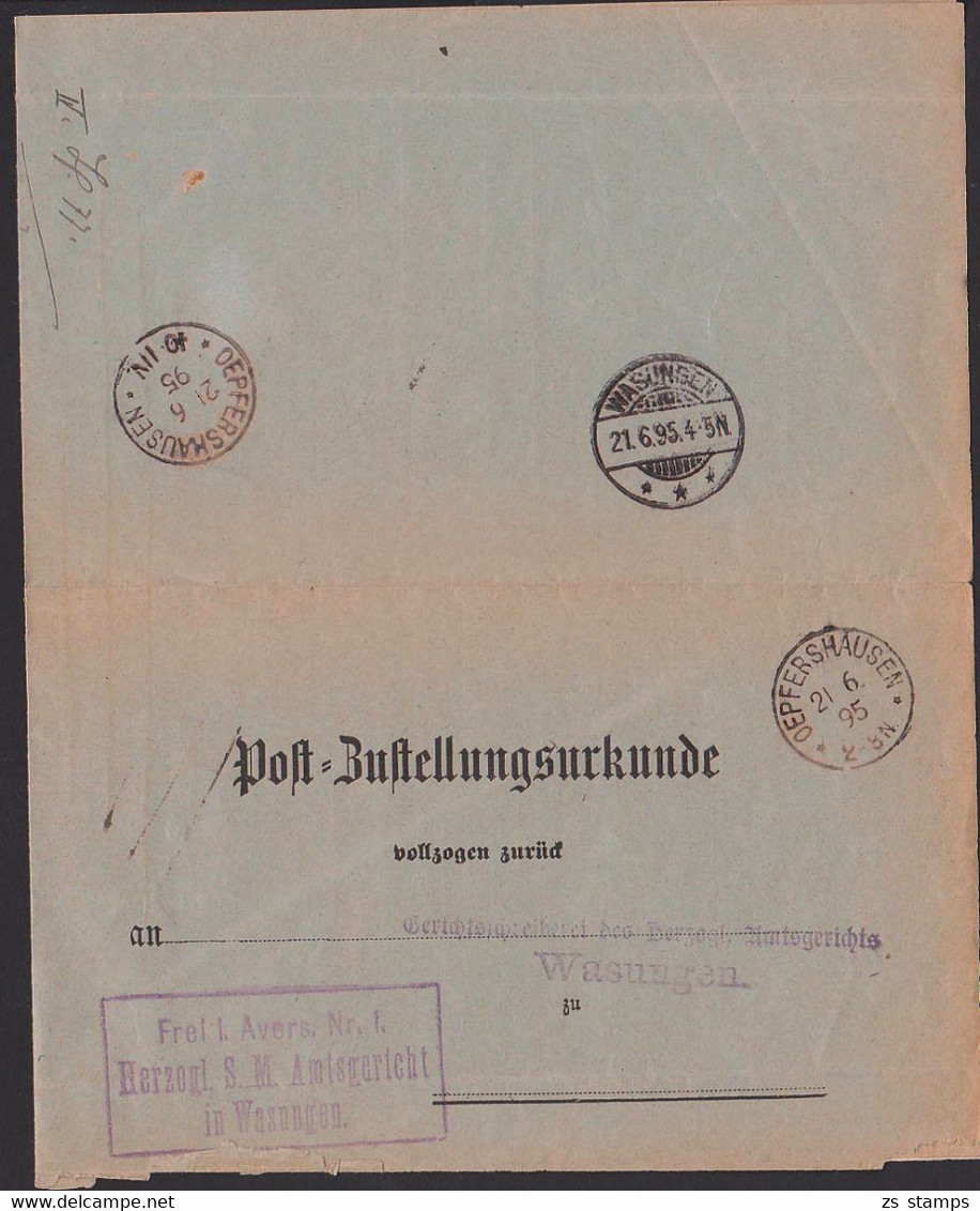 Postzustellungsurkunde Oefershausen Pfershausen 21.6.1995, Frei Lt. Avers Herzogl. S. M. Amtsgreicht In Wasungen - Lettres & Documents