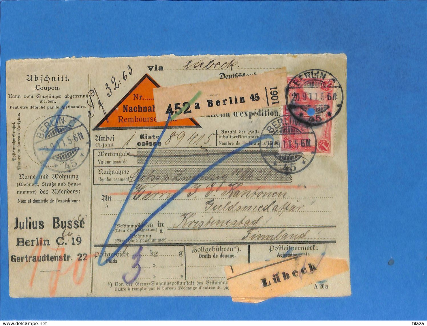 Allemagne Reich 1911 Carte Postale (bulletin D'expedition) De Berlin à La Finlande (G4739) - Brieven En Documenten