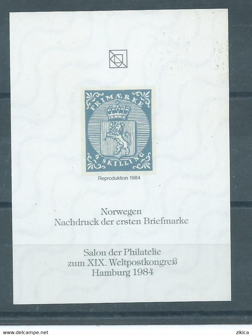 Norway 1984 NK1 First Stamp Reprint On Souvenir Sheet For XIX Weltpostkongress Hamburg - Proofs & Reprints