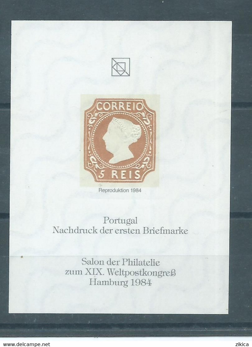 PORTUGAL First Stamp QUEEN 1853 Reproduction UPU Congress Salon 1984 GERMANY Hamburg Philatelist Commemorative Sheet - Ensayos & Reimpresiones