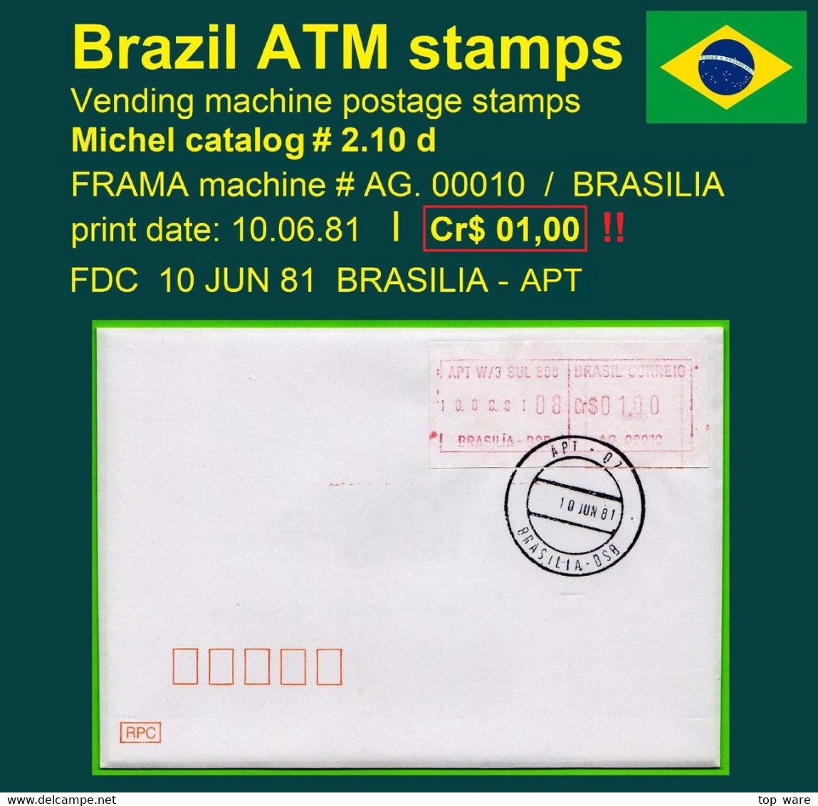 Brasilien Brazil ATM AG.00010 / Cr$ 01,00 Kleinstwert FDC / Brasilia BSB / Frama Automatenmarken Etiquetas - Franking Labels