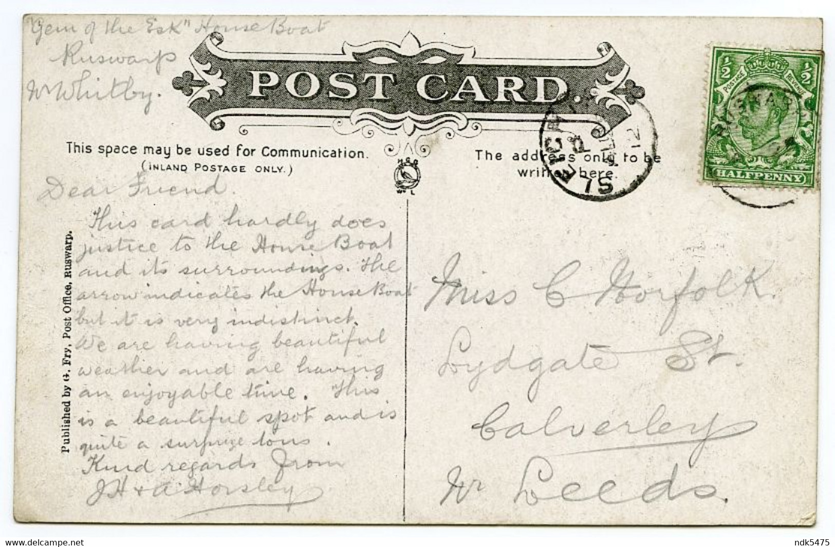 RUSWARP : RIVER ESK / POSTMARK - RUSWARP / SLEIGHT THIMBLE / ADDRESS - HOUSEBOAT, WHITBY / LEEDS, CALVERLEY, LYDGATE ST - Whitby