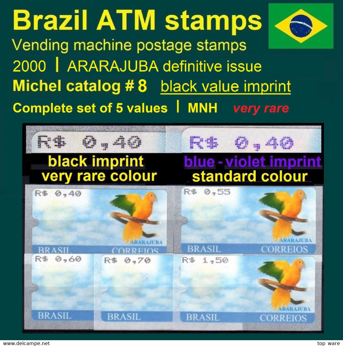Brasilien Brazil ATM 8 / ARARAJUBA / Set Of Five With Rare Black Imprint MNH Automatenmarken Frama Klüssendorf Etiquetas - Automatenmarken (Frama)