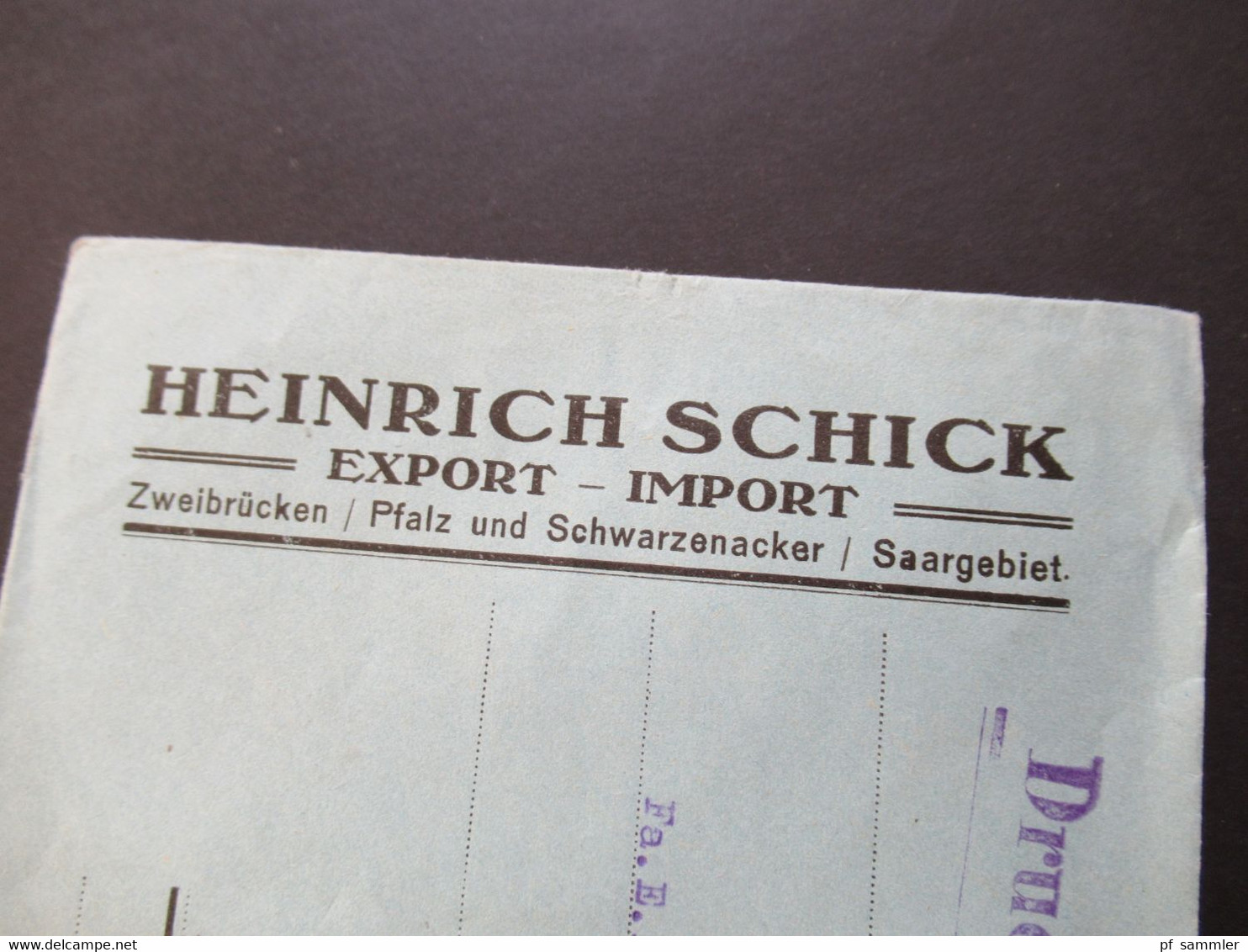 Saargebiet 1923 Drucksache Firmenumschlag Heinrich Schick Export - Import Zweibrücken / Pfalz Und Schwarzenacker - Covers & Documents