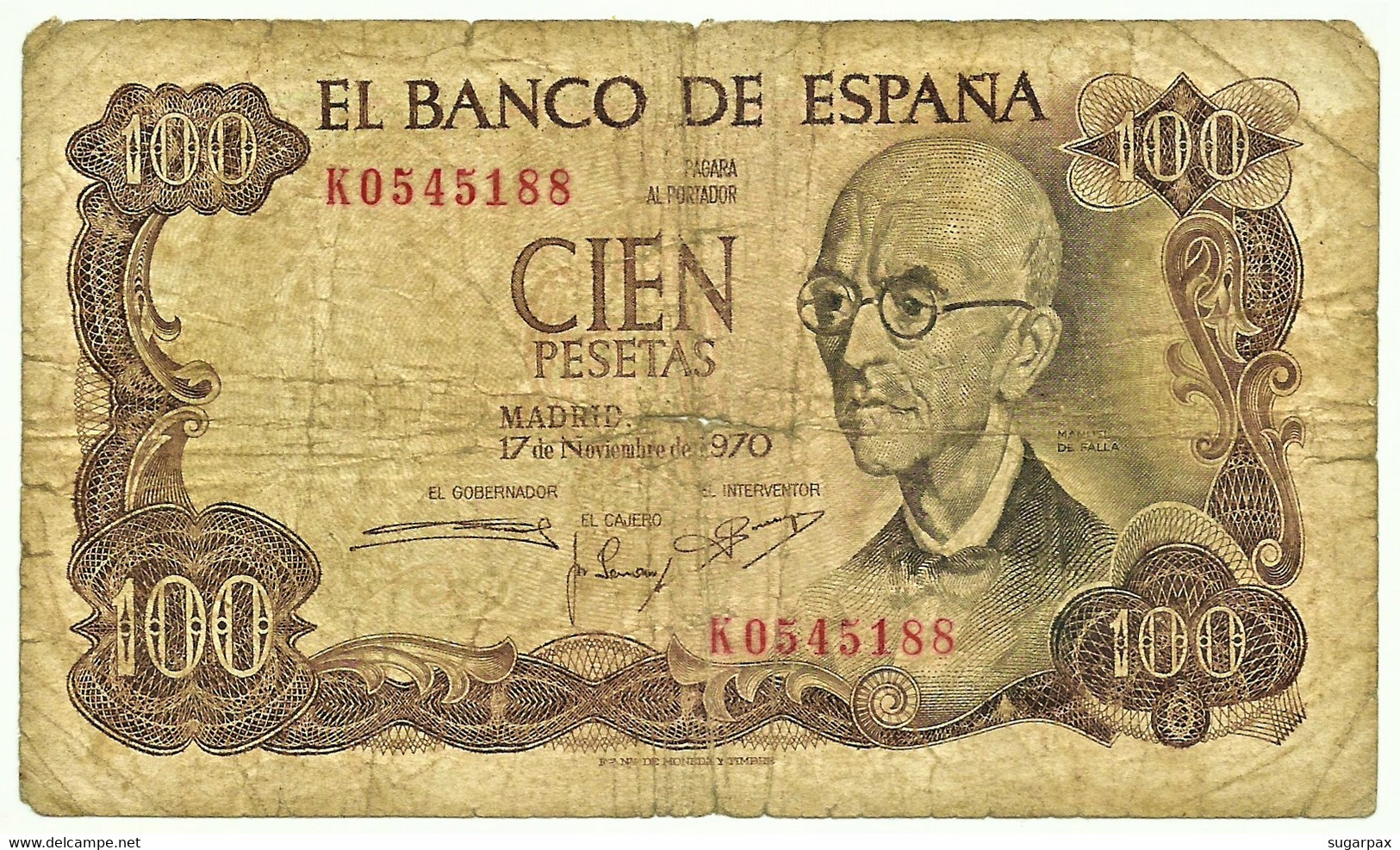 ESPAÑA - 100 Pesetas - 17.11.1970 ( 1974 ) - Pick 152 - Serie K - Manuel De Falla - 100 Pesetas