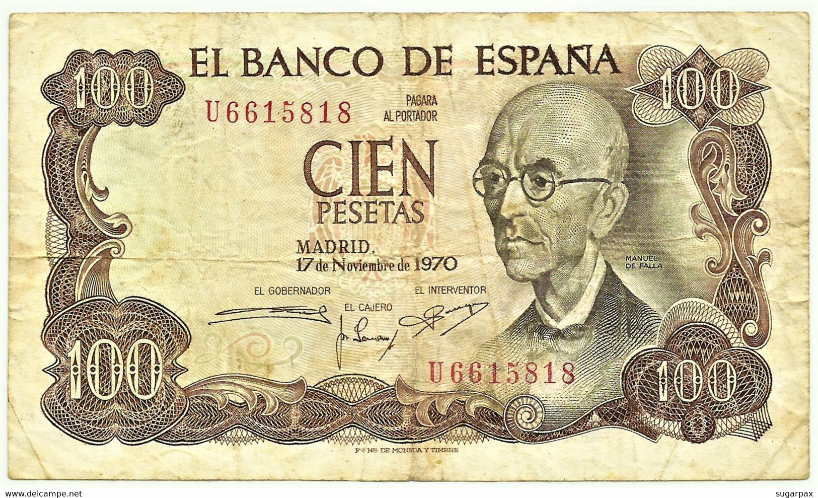 ESPAÑA - 100 Pesetas - 17.11.1970 ( 1974 ) - Pick 152 - Serie U - Manuel De Falla - 100 Peseten