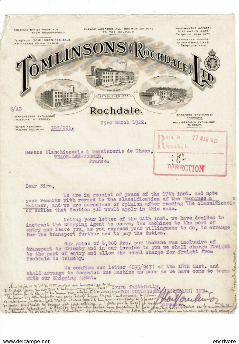 Lettre Commerciale TOMLINSONS Rochdale Ltd à Blanchisserire Teinturerie Thaon 1922 - Royaume-Uni