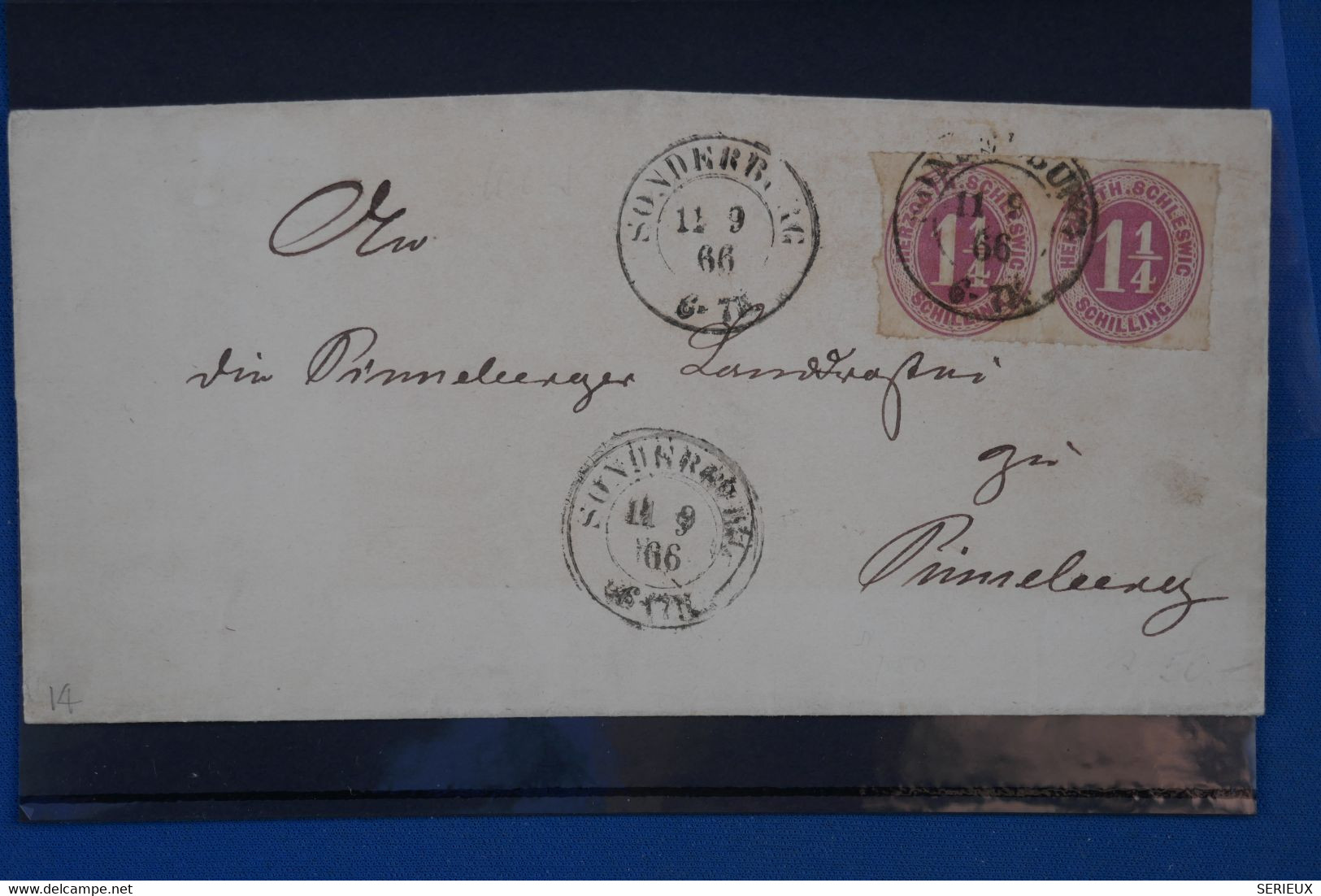 C ALLEMAGNE HOLSTEIN  BELLE  LETTRE  RARE 1866 SONDERBURG  POUR PINNEBERG +PAIRE DE 1 1/4 SCHILING +AFFRAN. INTERESSANT - Schleswig-Holstein