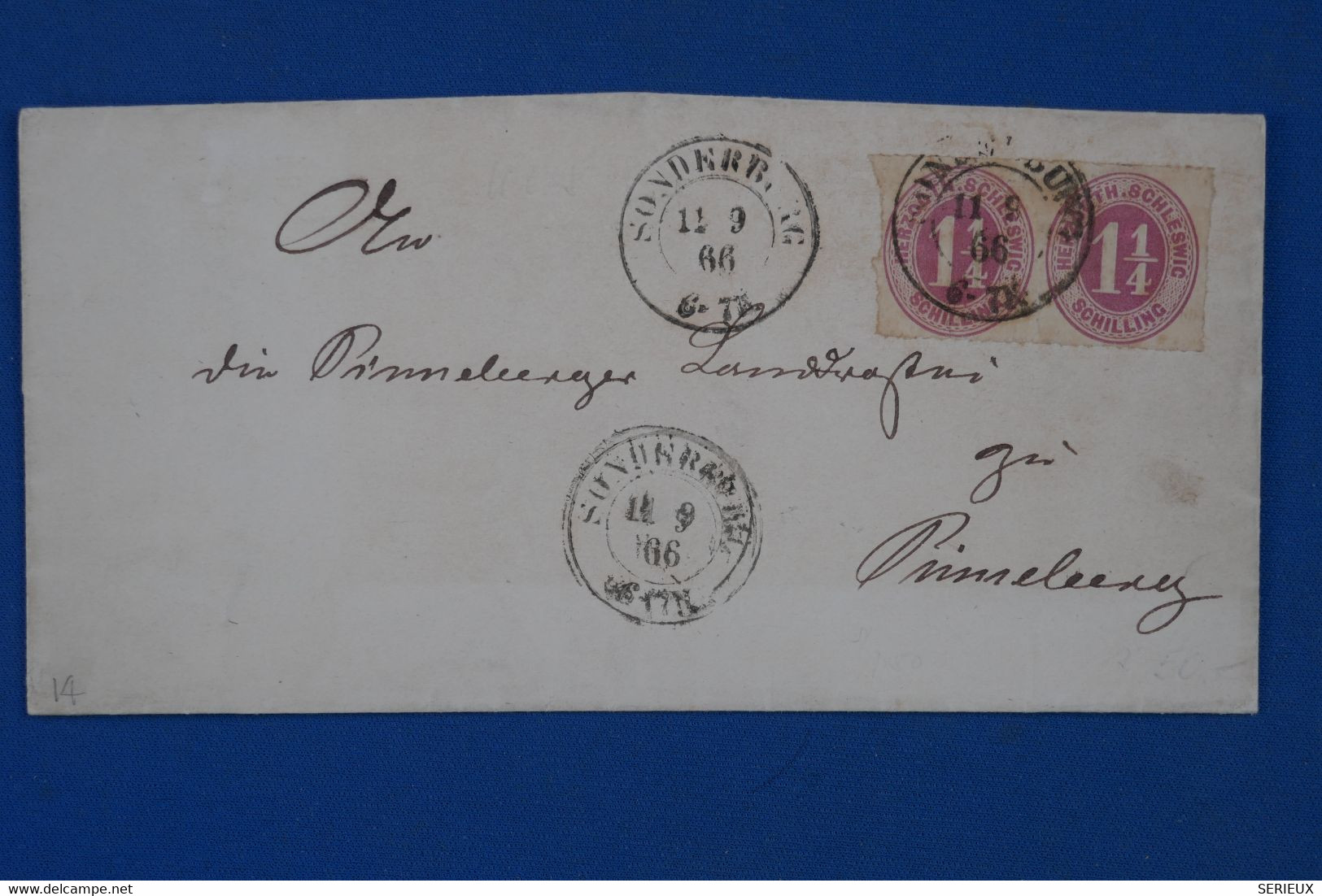 C ALLEMAGNE HOLSTEIN  BELLE  LETTRE  RARE 1866 SONDERBURG  POUR PINNEBERG +PAIRE DE 1 1/4 SCHILING +AFFRAN. INTERESSANT - Schleswig-Holstein