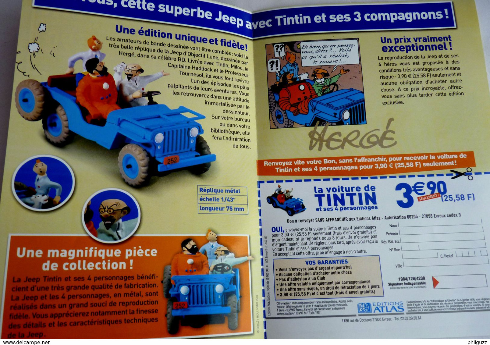 DEPLIANT ABONNEMENT COLLECTION ATLAS LES VOITURES TINTIN La Jeep - Objets Publicitaires
