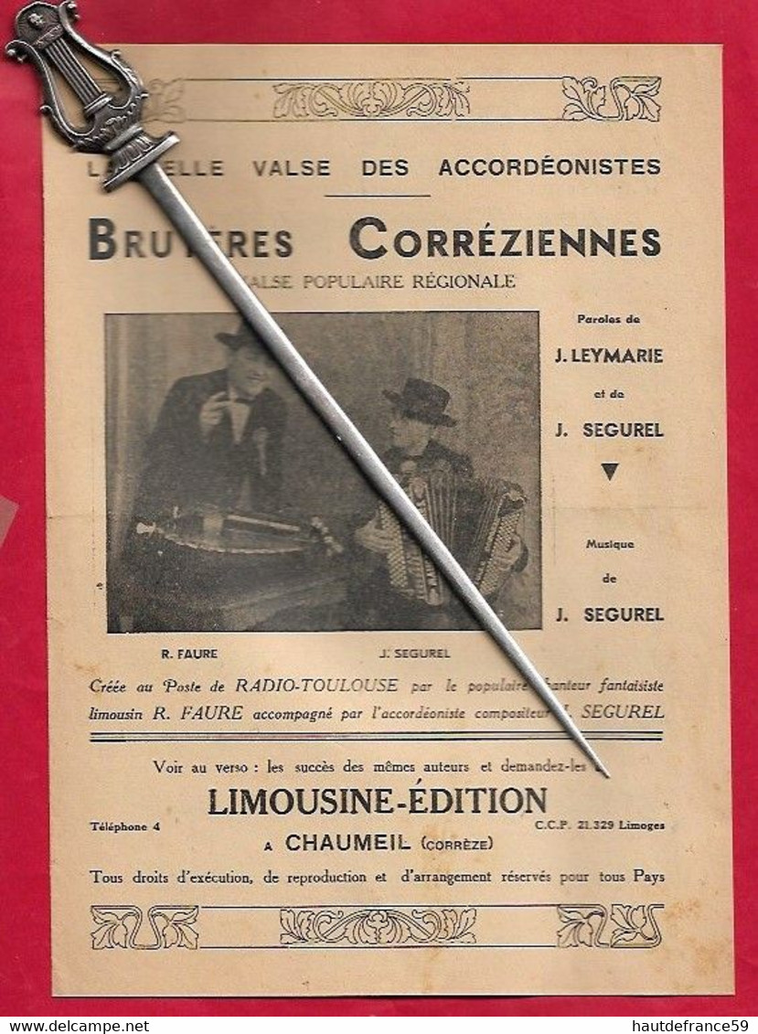 Rare PARTITION Musique & Paroles Faure Accordéonistes BRUYERES COREZIENNES édit Limousine à Chaumeil Corrèze - Volksmusik