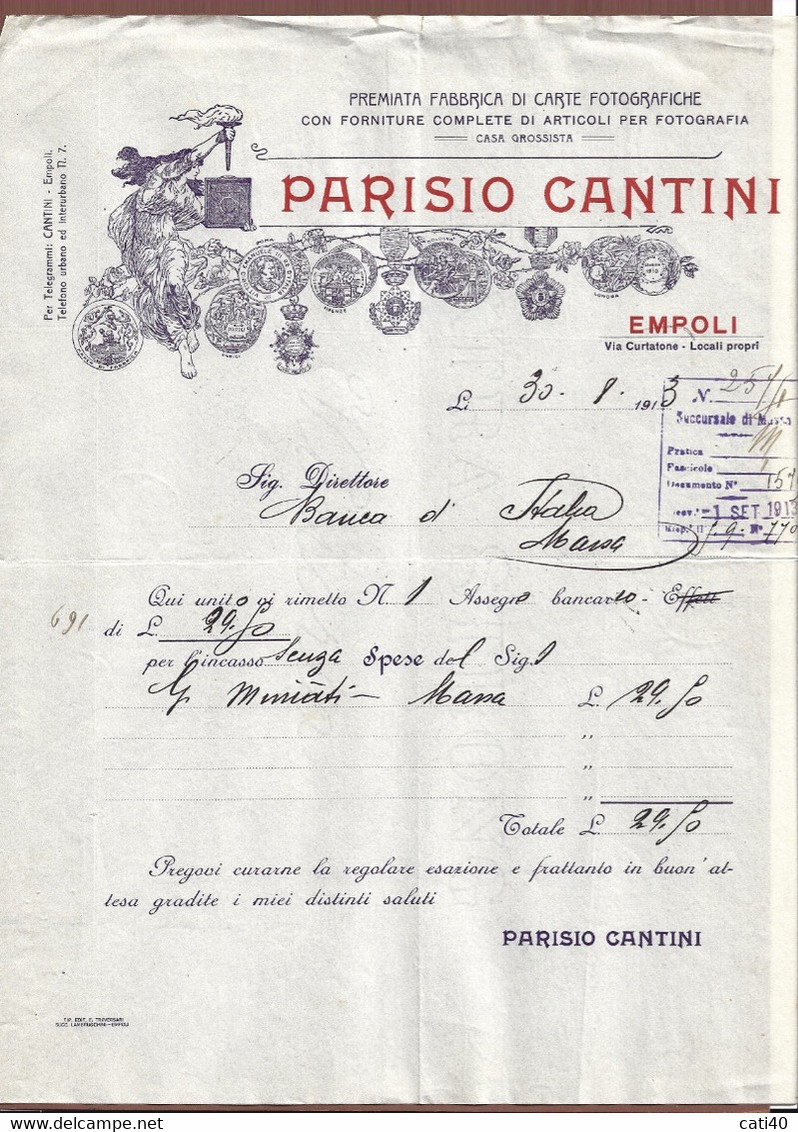 1913--FATTURA COMMERCIALE-EMPOLI-PARISIO CANTINI-FABBRICA DI CARTE FOTOGRAFICHE - Italia