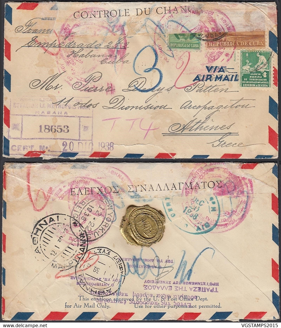 Cuba 1938- Lettre Par Avion Vers Athènes. Censurée Nº 18653- 2ème Guerre........................ (DD) DC-10463 - Usados