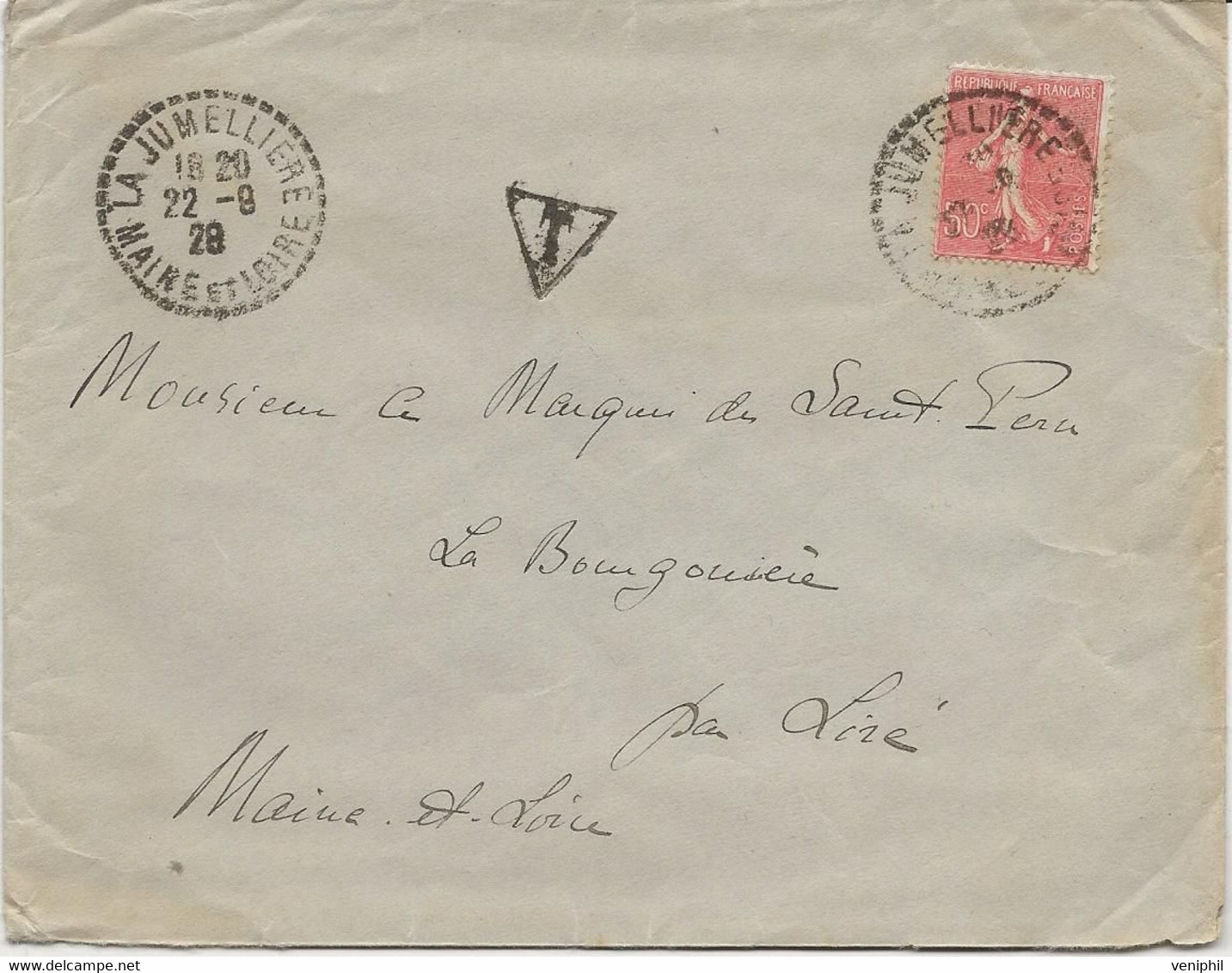 LETTRE TAXEE AU DOS PAIRE N° 31 +N° 29 - AFFRANCHIE N° 199 OBLITEREE CAD PERLE -LA JUMELLIERE-MAINE ET LOIRE -1928 - 1859-1959 Briefe & Dokumente