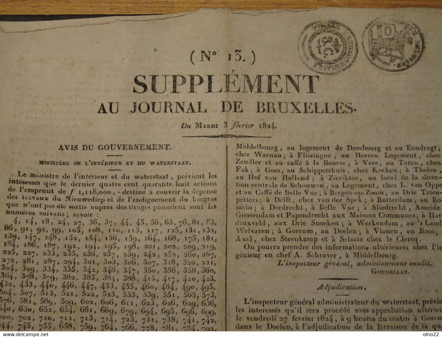 SUPPLEMENT AU JOURNAL DE BRUXELLES - N°13 - MARDI 3 FEVRIER 1824 - 1800 - 1849