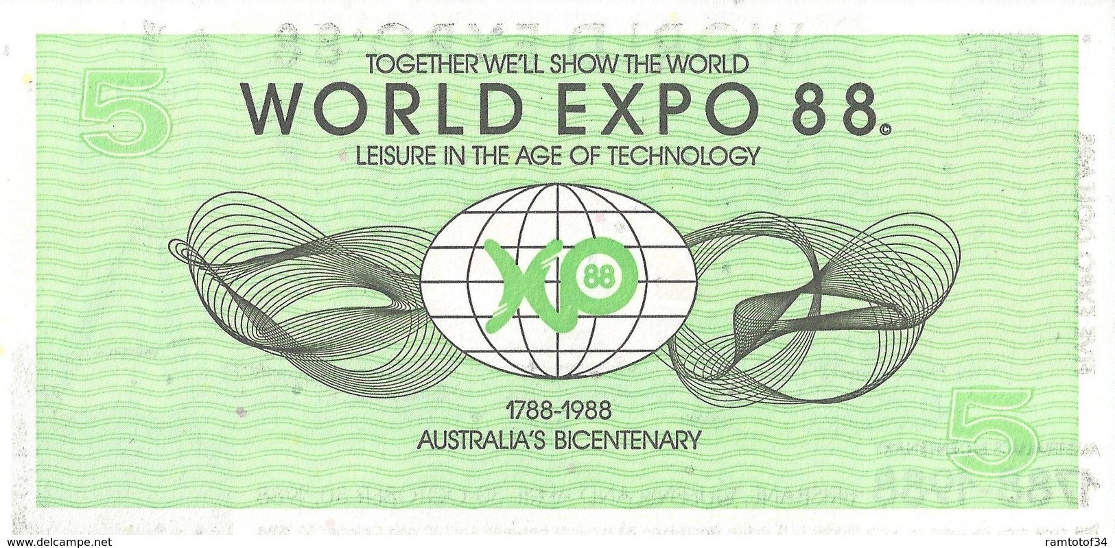 AUSTRALIE - World Expo 5 Dollars 1988 - UNC - 2005-... (polymer Notes)