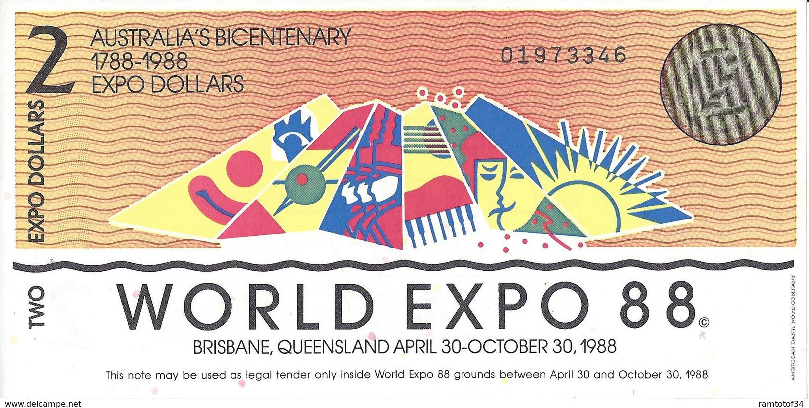 AUSTRALIE - World Expo 2 Dollars 1988 - UNC - 2005-... (kunststoffgeldscheine)