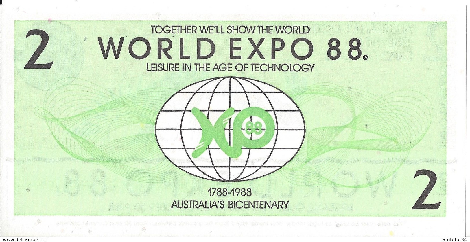 AUSTRALIE - World Expo 2 Dollars 1988 - UNC - 2005-... (kunststoffgeldscheine)