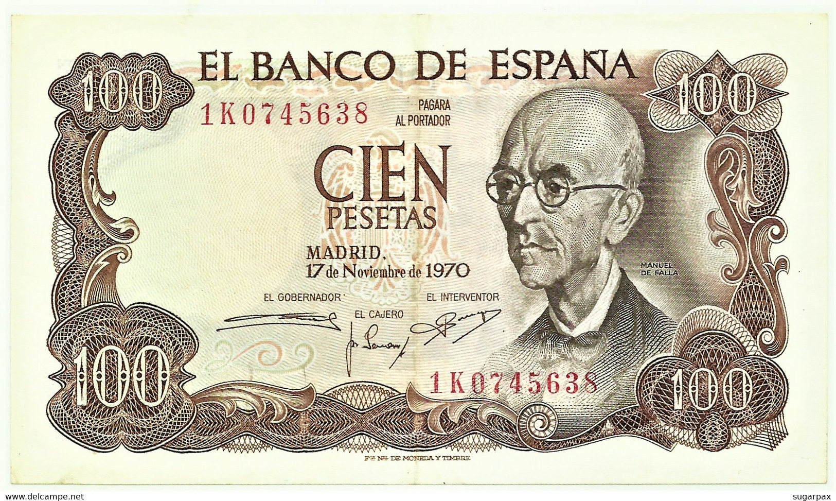 ESPAÑA - 100 Pesetas - 17.11.1970 ( 1974 ) - Pick 152 - Serie 1K - Manuel De Falla - 100 Peseten