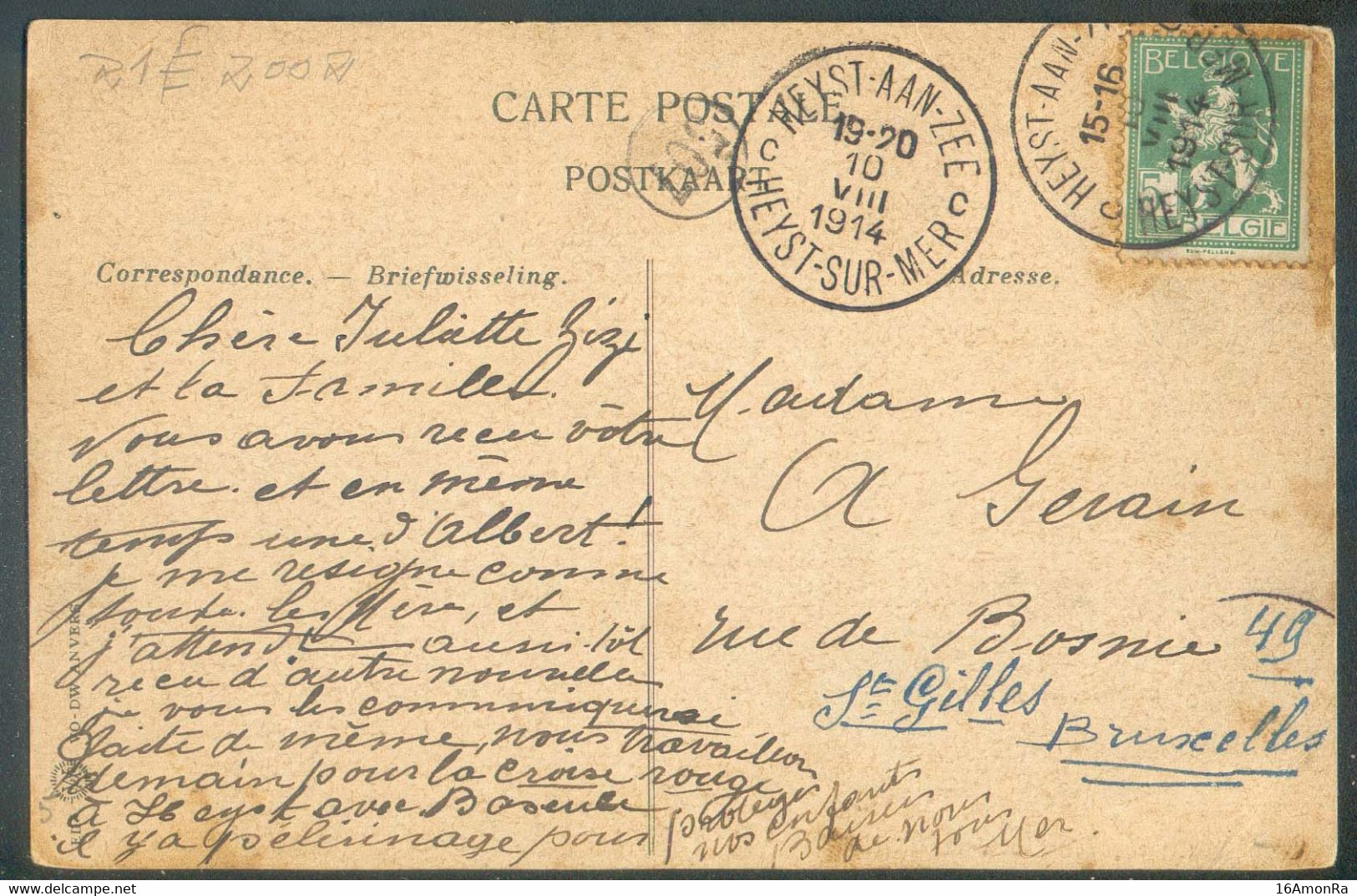 N°110 - 5c. Pellens Obl. Sc HEYST-AAN-ZEE Sur C.P. Du 10-VIII-1914 Vers St-Gilles -- 19086 - Other & Unclassified