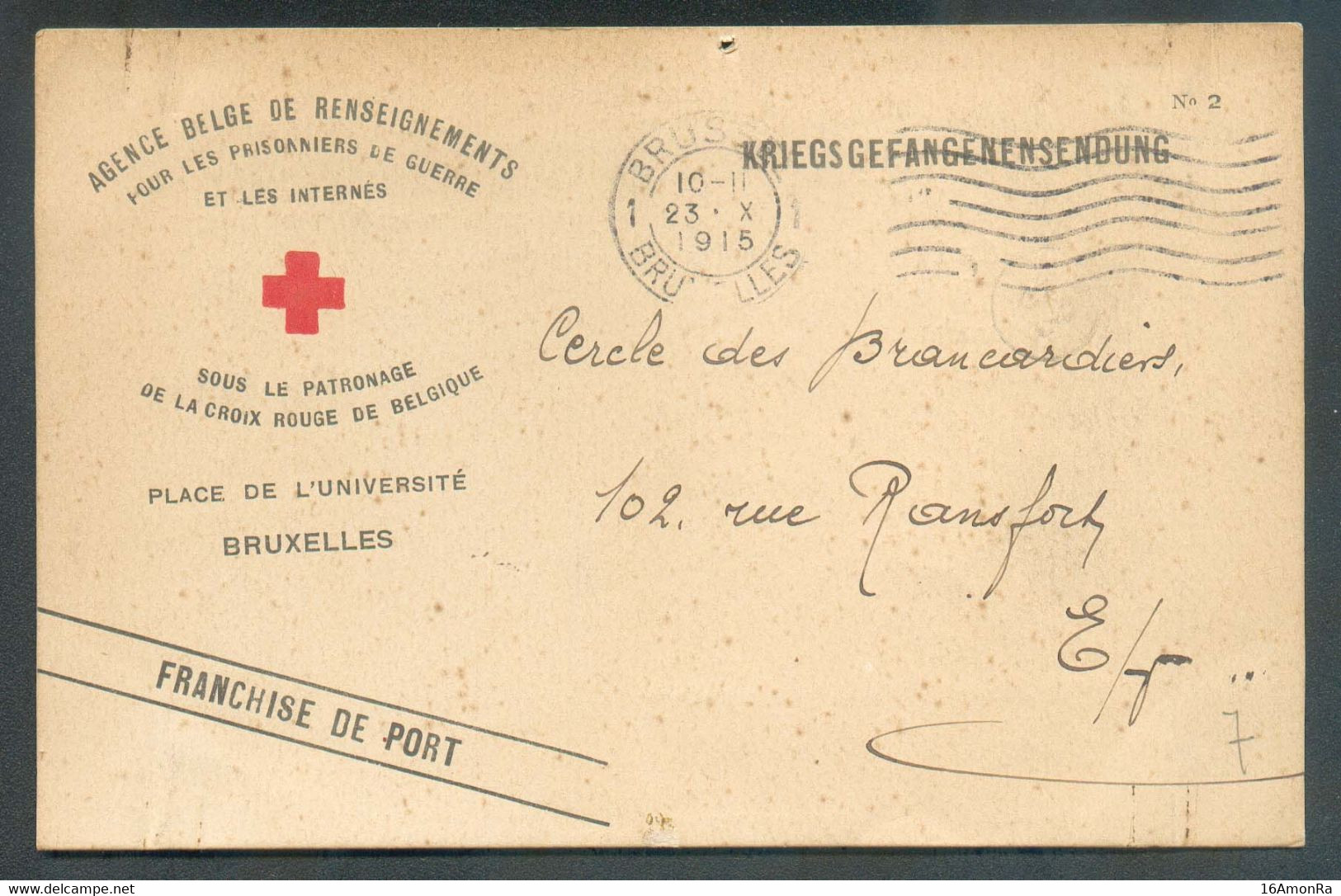 Carte De L'agence Belge De Renseignements Pour Les Prisonniers Et Intérnés Sous La CROIX-ROUGE, Obl. Méc. BRUSSEL 1 Du 2 - Kriegsgefangenschaft