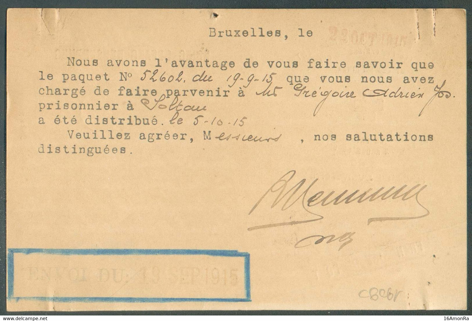 Carte De L'agence Belge De Renseignements Pour Les Prisonniers Et Intérnés Sous La CROIX-ROUGE, Obl. Méc. BRUSSEL 1 Du 2 - Prisonniers