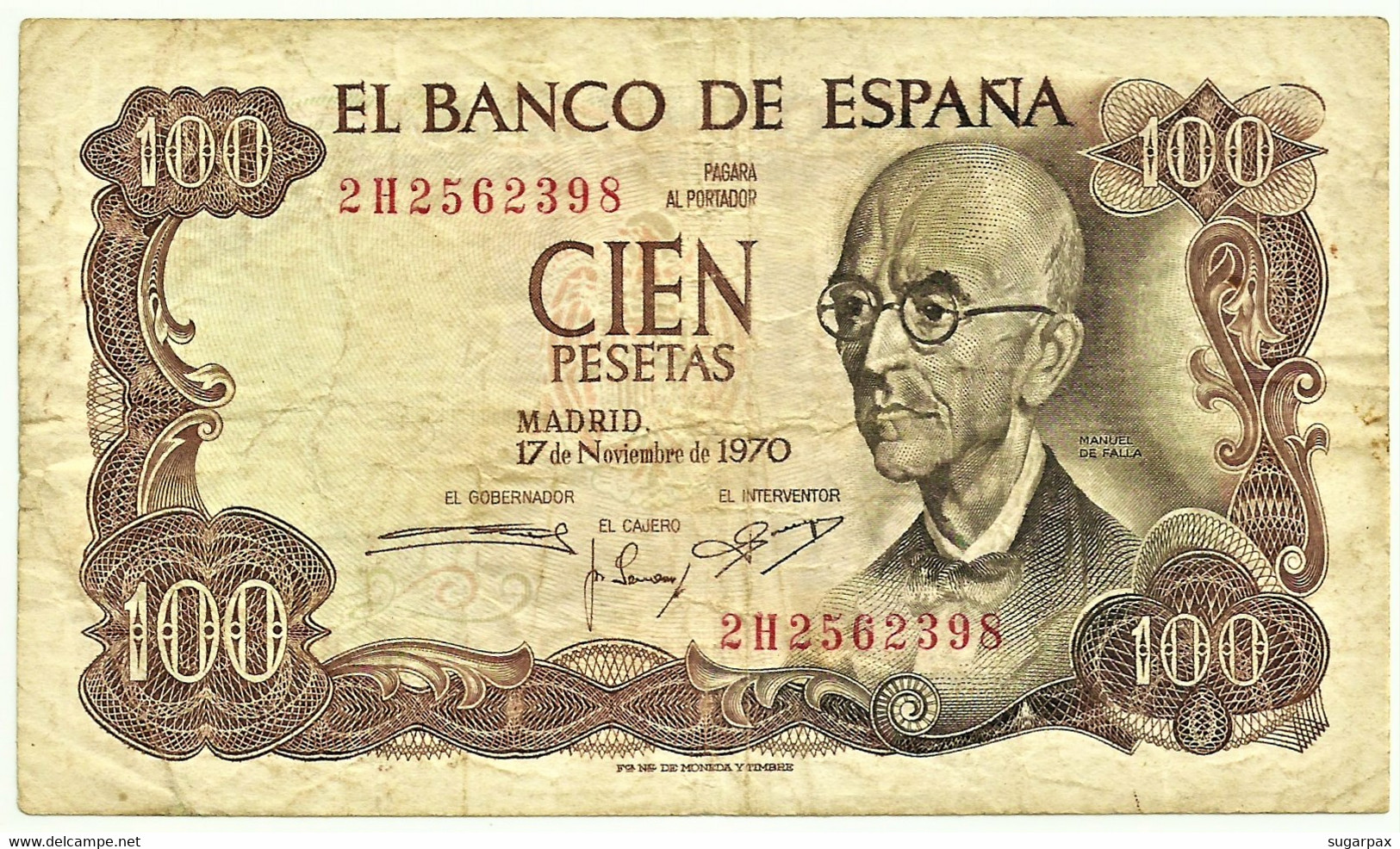 ESPAÑA - 100 Pesetas - 17.11.1970 ( 1974 ) - Pick 152 - Serie 2H - Manuel De Falla - 100 Peseten