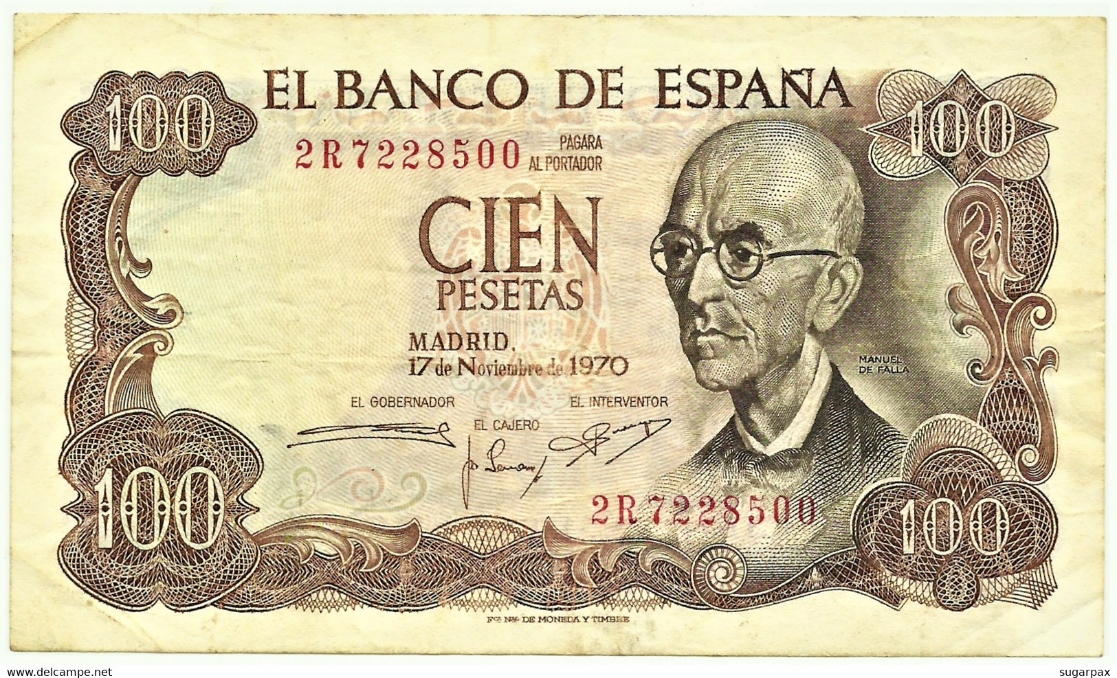 ESPAÑA - 100 Pesetas - 17.11.1970 ( 1974 ) - Pick 152 - Serie 2R - Manuel De Falla - 100 Pesetas