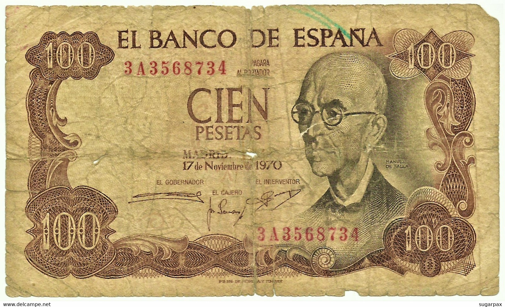 ESPAÑA - 100 Pesetas - 17.11.1970 ( 1974 ) - Pick 152 - Serie 3A - Manuel De Falla - 100 Peseten