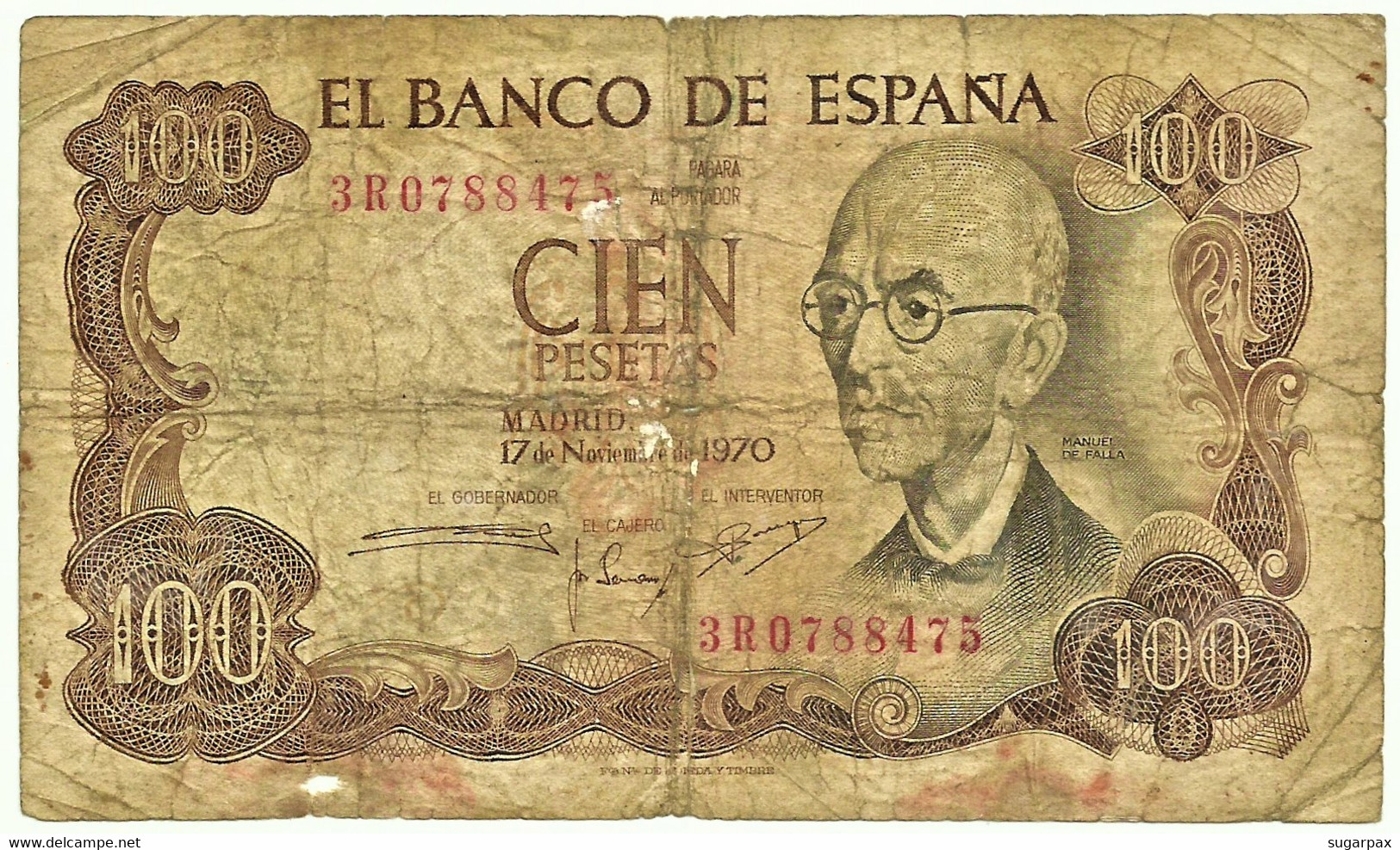 ESPAÑA - 100 Pesetas - 17.11.1970 ( 1974 ) - Pick 152 - Serie 3R - Manuel De Falla - 100 Pesetas