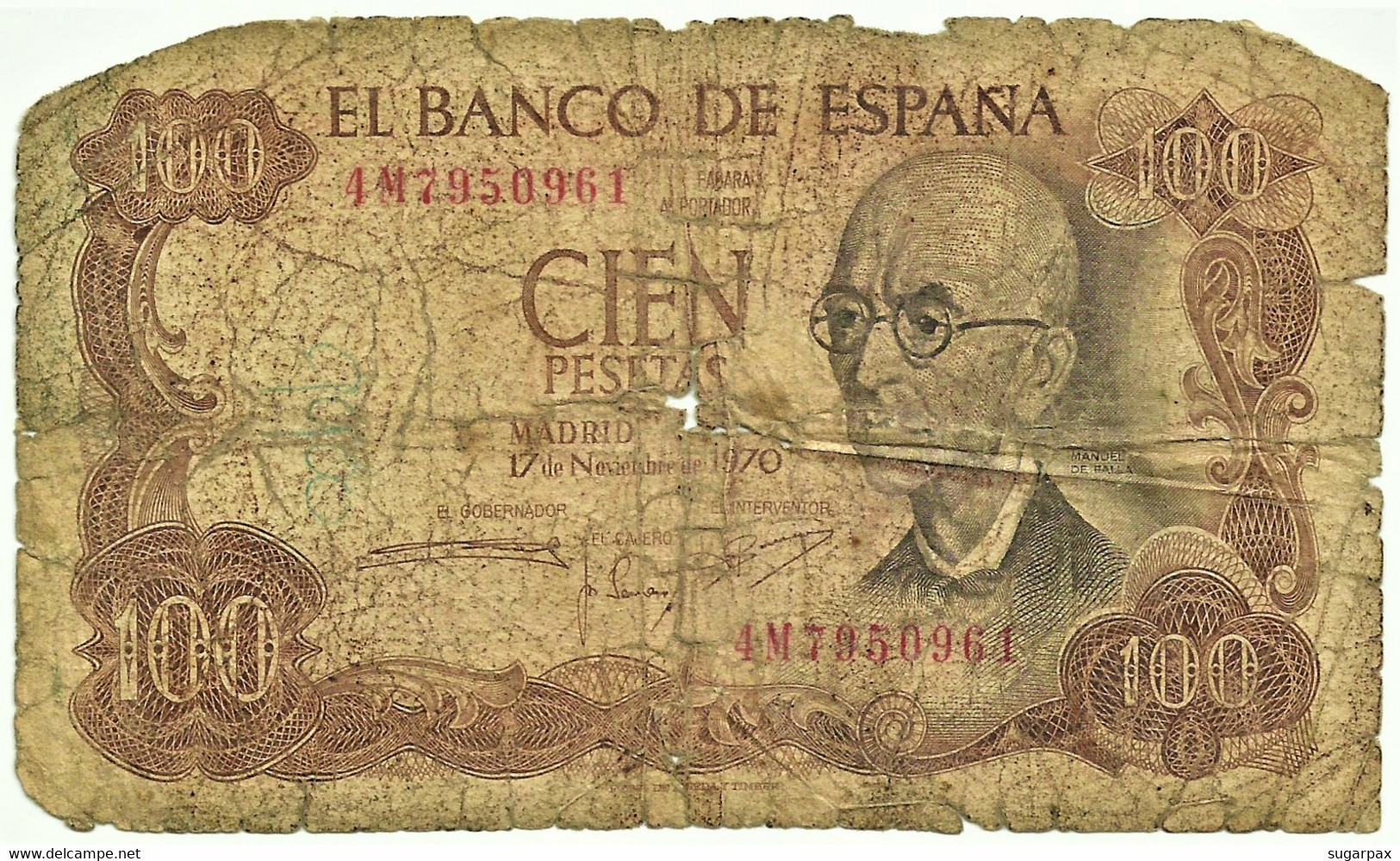 ESPAÑA - 100 Pesetas - 17.11.1970 ( 1974 ) - Pick 152 - Serie 4M - Manuel De Falla - 100 Peseten