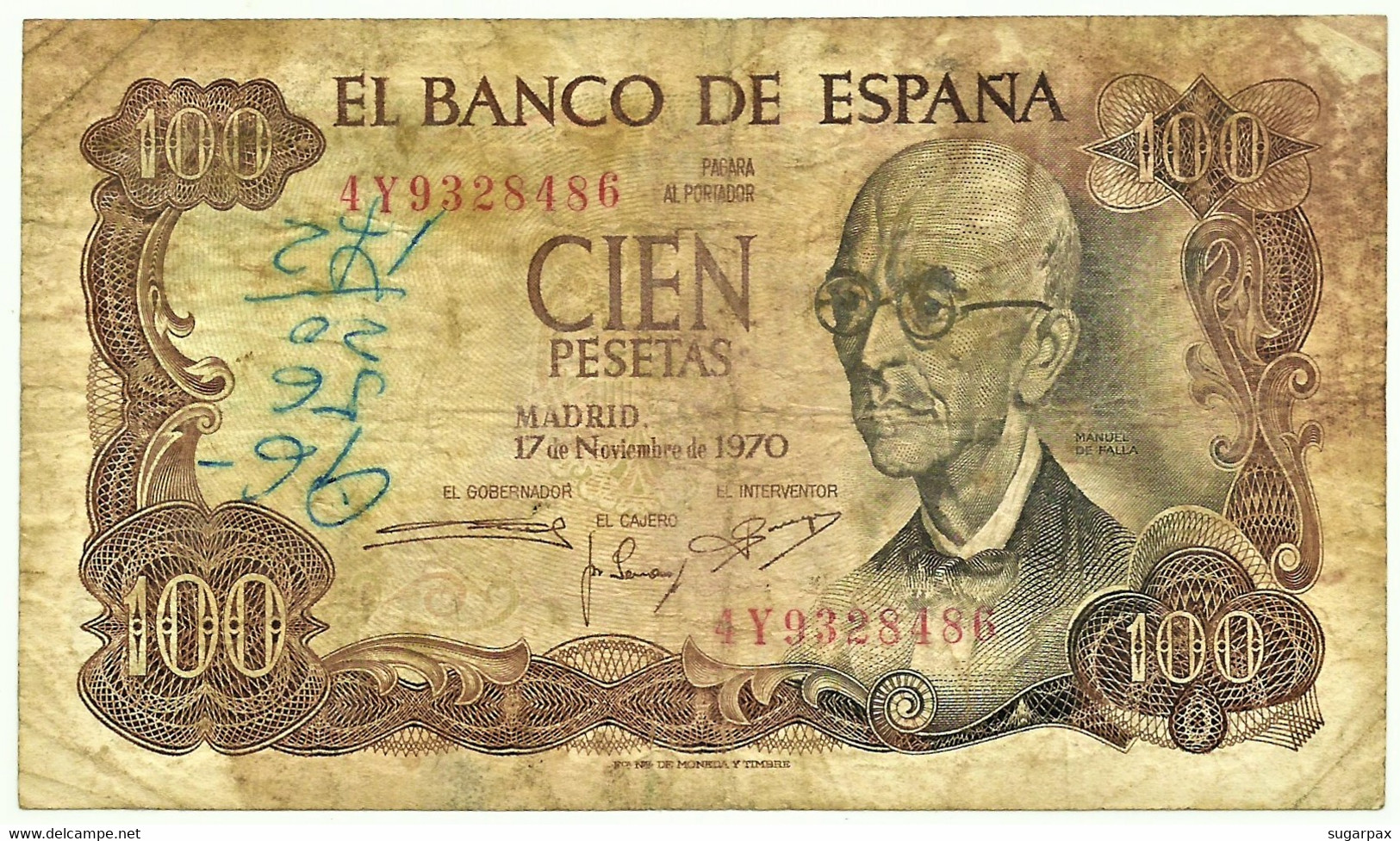 ESPAÑA - 100 Pesetas - 17.11.1970 ( 1974 ) - Pick 152 - Serie 4Y - Manuel De Falla - 100 Pesetas