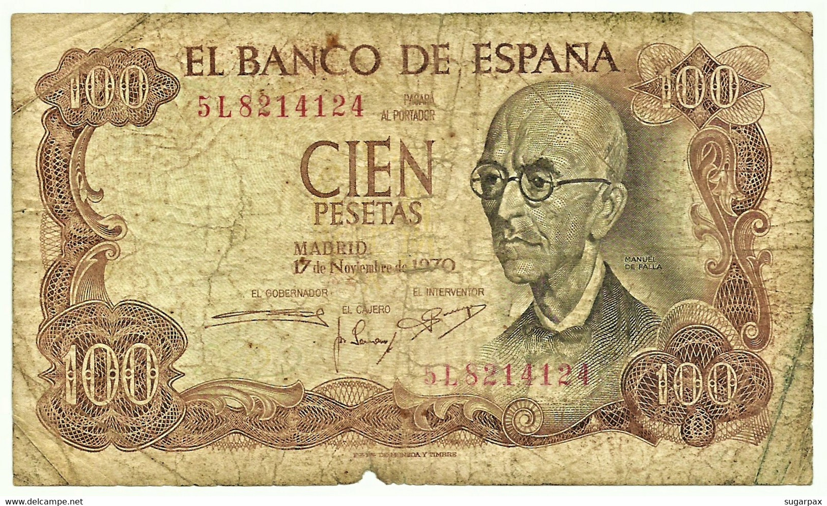 ESPAÑA - 100 Pesetas - 17.11.1970 ( 1974 ) - Pick 152 - Serie 5L - Manuel De Falla - 100 Pesetas