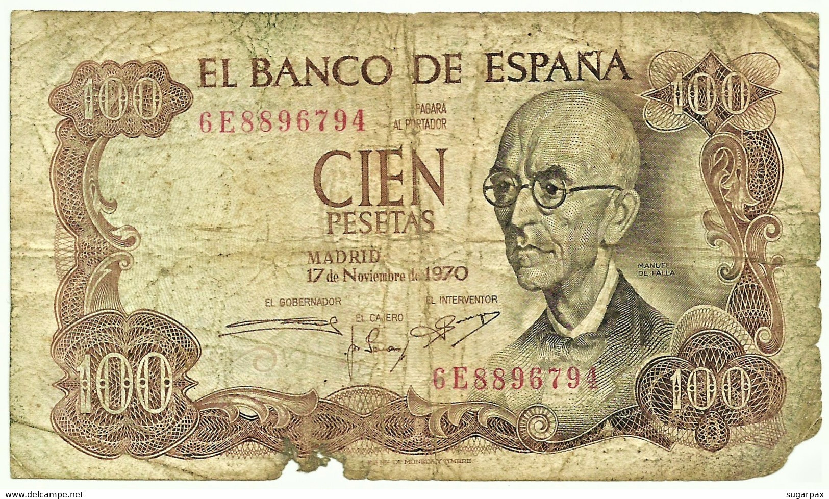 ESPAÑA - 100 Pesetas - 17.11.1970 ( 1974 ) - Pick 152 - Serie 6E - Manuel De Falla - 100 Peseten