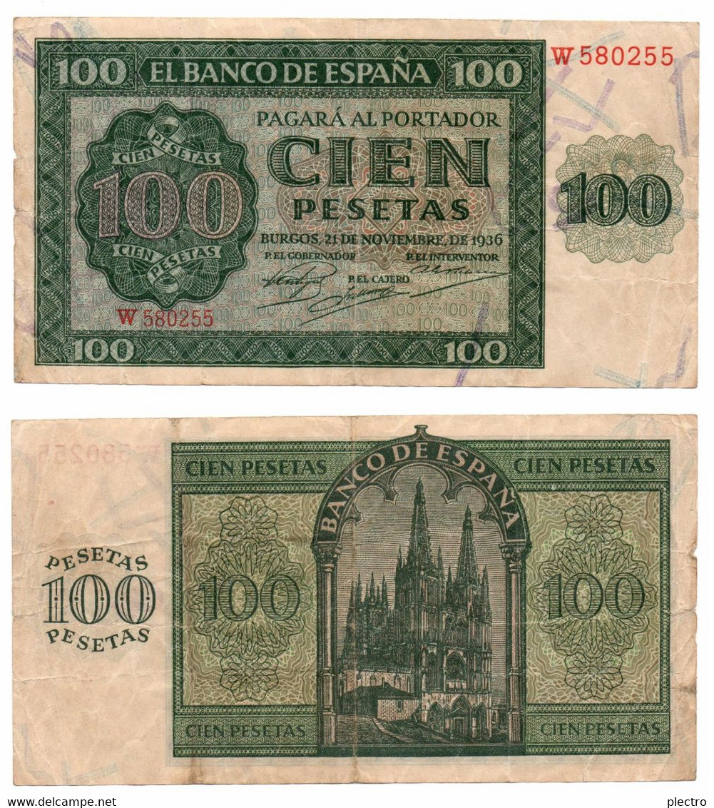 Billete De 100 Pesetas De Burgos, 1936, Reverso "Catedral De Burgos.  Buen Estado. - 100 Pesetas