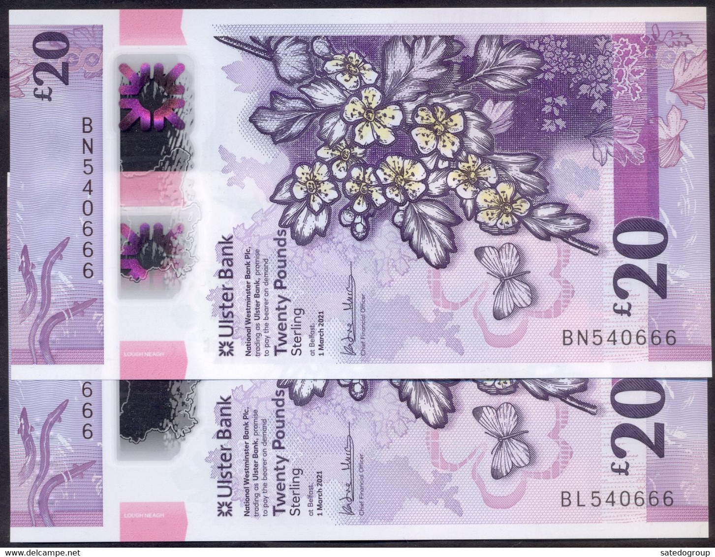 UK Northern Ireland 20+20 Pounds 2021 UNC # P- W345 (2021) < Ulster Bank > The Same Number - Rare Set! (2pcs) - 20 Pounds