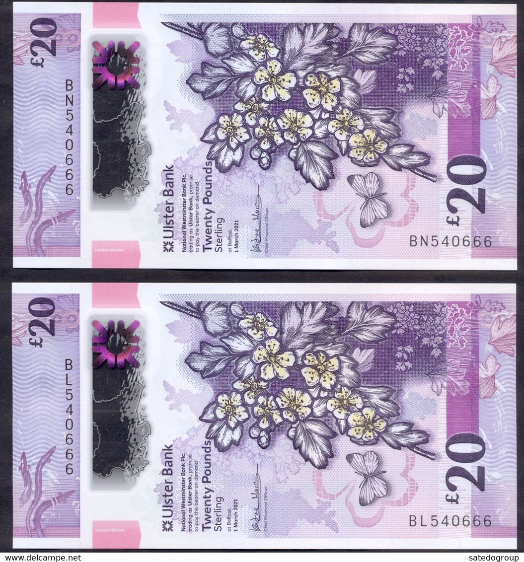 UK Northern Ireland 20+20 Pounds 2021 UNC # P- W345 (2021) < Ulster Bank > The Same Number - Rare Set! (2pcs) - 20 Pounds