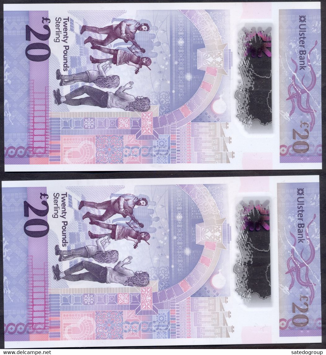 UK Northern Ireland 20+20 Pounds 2021 UNC # P- W345 (2021) < Ulster Bank > The Same Number - Rare Set! (2pcs) - 20 Pounds